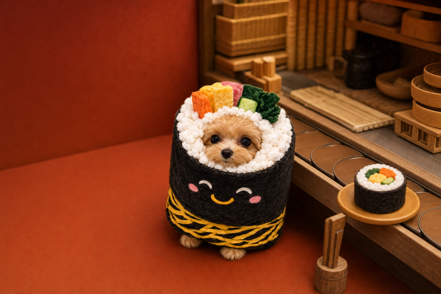 SushiPup, a small dog in a sushi roll costume, standing beside a miniature conveyor sushi counter